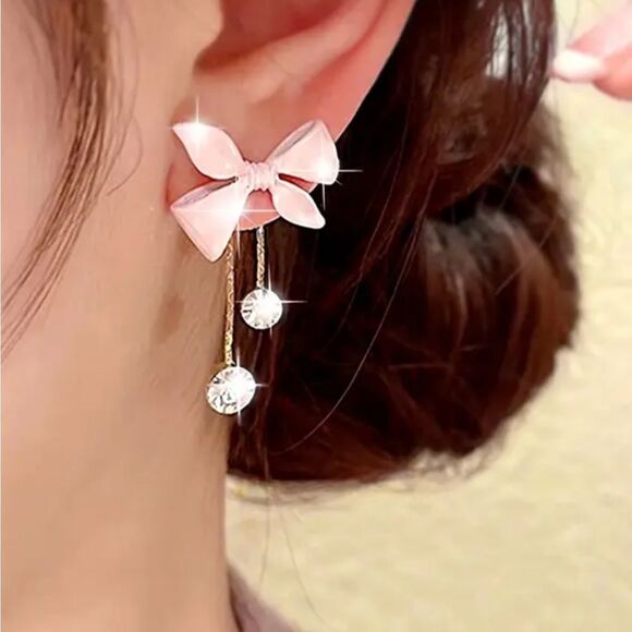 PINK BOWKNOT AND RHINESTONE TASSEL NWT EARRINGS - Picture 1 of 4
